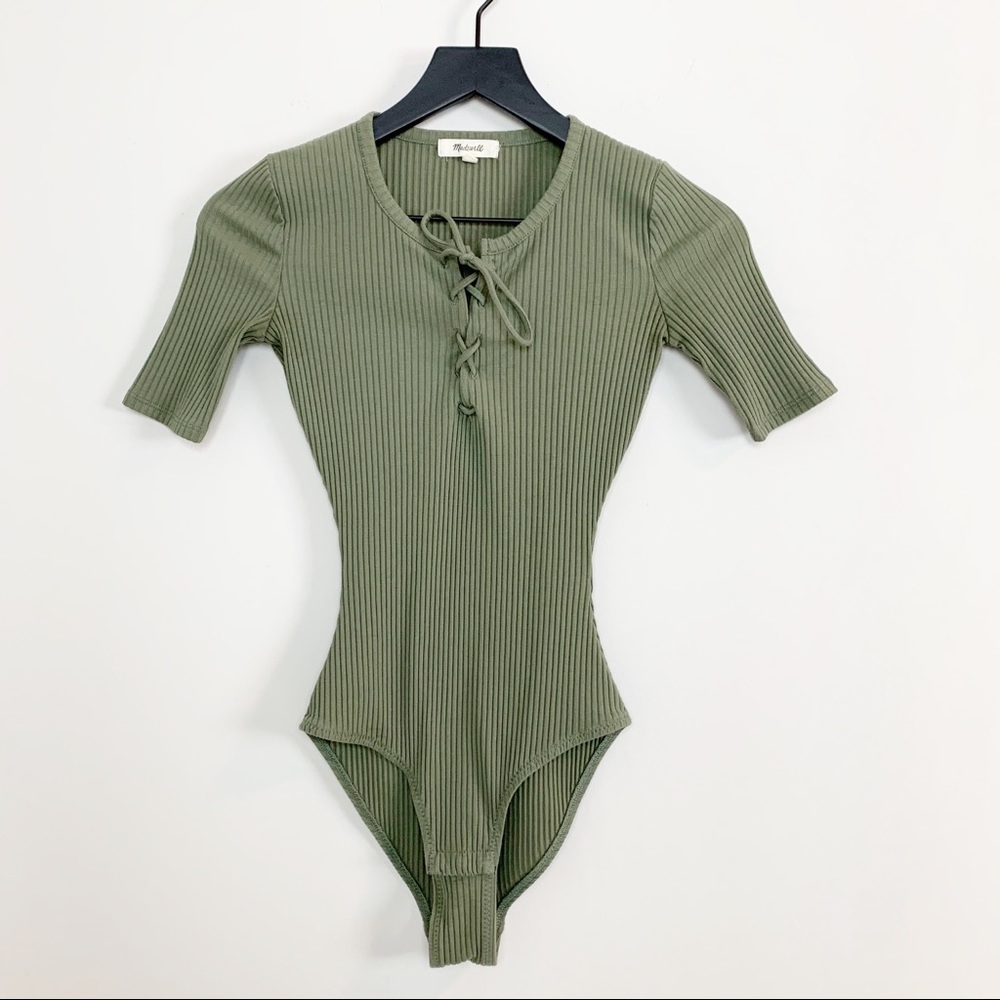 SOLD Madewell Lace Up Ribbed Bodysuit Olive Green - Picture 1 of 5